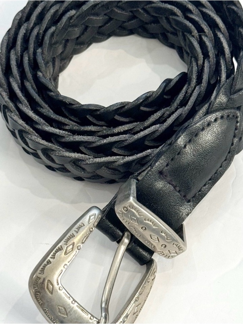 Vintage Western Black Belt Braided Genuine Leather Silver Buckle Mens 36
